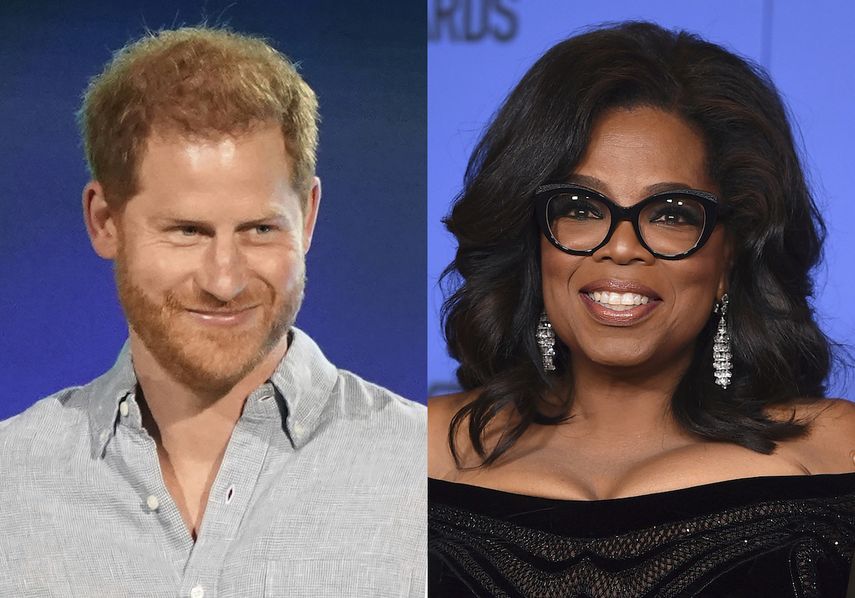 El príncipe Enrique, a la izquierda, habla en el evento Vax Live: The Concert to Reunite the World en Inglewood, California, el 2 de mayo de 2021, y Oprah Winfrey aparece en la 75ta entrega anual de los Globos de Oro en Beverly Hills, California, el 7 de enero de 2018.&nbsp;