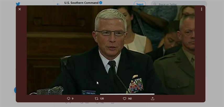El almirante Craig Faller, jefe del Comando Sur de las Fuerzas Armadas de EEUU, en una foto publicada en la cuenta de Twitter de @Southcom.