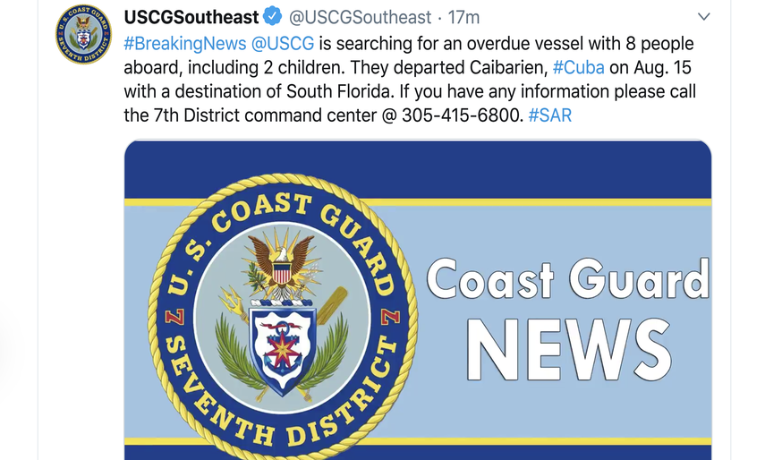 Anuncio en Twitter compartido por el&nbsp;Distrito 7 de la Guardia Costera de EEUU, en Florida.&nbsp;
