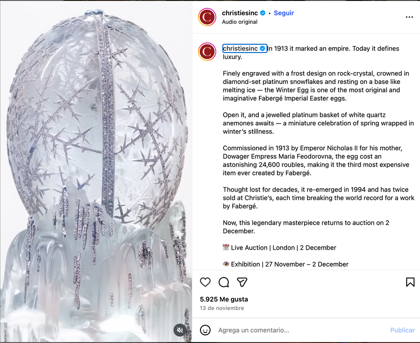 Huevo de Invierno, considerado una de las piezas más bellas creadas por el joyero Fabergé rompió récord de ventas en una reciente subasta.