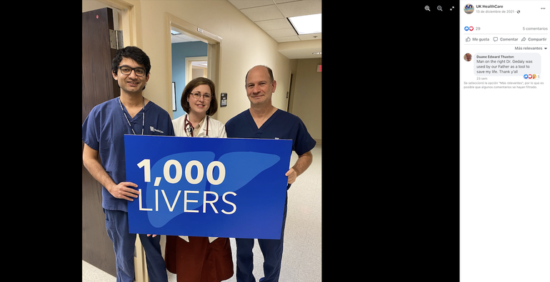 Publicación del Centro de Trasplantes de la Universidad de Kentucky tras llegar a un récord de 1.000 trasplantes de hígado. A la derecha vemos al Dr. Roberto Gedaly.