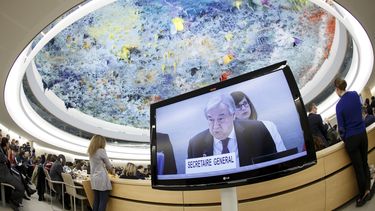 El secretario general de Naciones Unidas, António Guterres, ofrece un discurso en la apertura del Segmento de Alto Nivel para la 43ra sesión del Consejo de Derechos Humanos en la sede europea de la ONU, el lunes 24 de febrero de 2020.&nbsp;