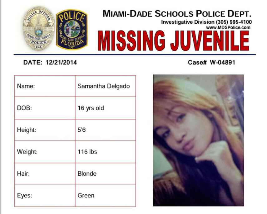 Samantha Delgado, de 16 años, pudeira estar con Fabel Gin Escalante, con quien mantiene una relación. (Miami-Dade Schools Police Department)