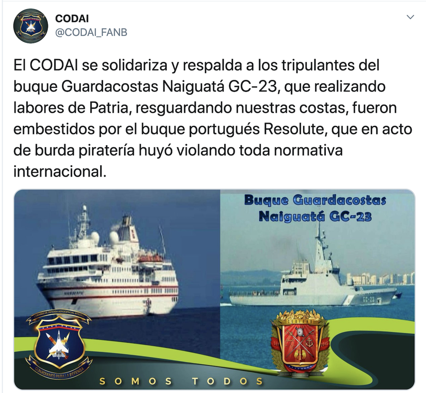 Buque Guardacostas Naiguat&aacute; GC-23 embestido por el buque portugu&eacute;s Resolute.&nbsp;