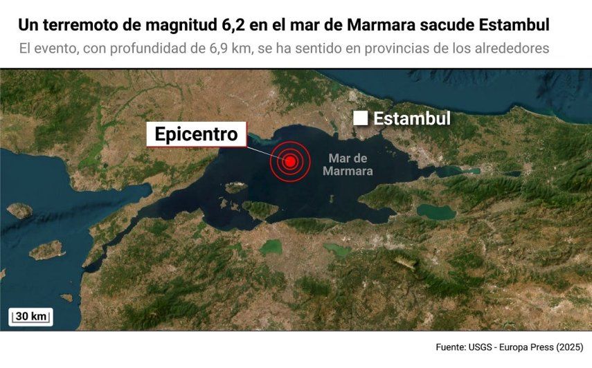 Mapa con epicentro del terremoto en Turquía el 23 de abril de 2025. Un terremoto de magnitud 6,2 en la escala abierta de Richter ha sacudido este miércoles la ciudad de Estambul, situada en el noroeste de Turquía, y otras provincias situadas en los alrededores, sin que por ahora haya informaciones sobre víctimas o daños materiales.
