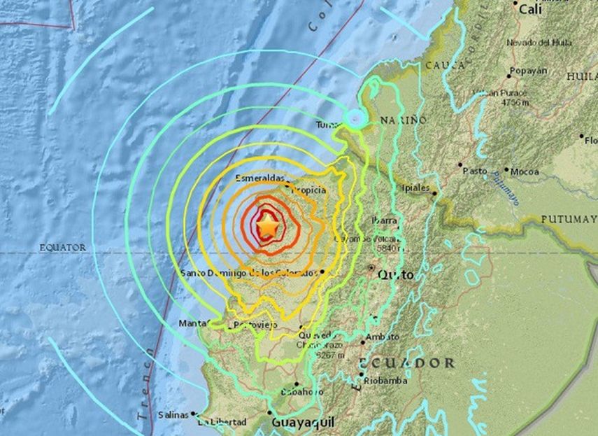 Mapa de la zona afectada por el terremoto de este sábado que fue perceptible en zonas de Ecuador y Colombia. (CAPTURA DE PANTALLA)