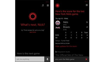 Un marcador de béisbol del 10 de abril de 2014 es mostrado usando el asistente virtual Cortana de Windows para teléfonos inteligentes. (AP)