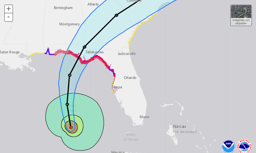 El cono de trayectoria muestra la zona que será afectada por la entrada del huracán Michael al norte de Florida. 