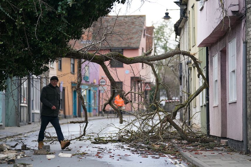 Un hombre pasa a un lado de un árbol caído que bloquea una calle el viernes 18 de febrero de 2022, en Sudbury, Suffolk, Inglaterra. La tormenta Eunice está azotando Gran Bretaña.&nbsp;