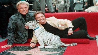 Los ilusionistas Siegfried Fischbacher, a la izquierda, y Roy Uwe Ludwig Horn posa con un tigre blanco tras develar su estrella en el Paseo de la Fama de Hollywood el 23 de septiembre de 1994 en Los Angeles.&nbsp;