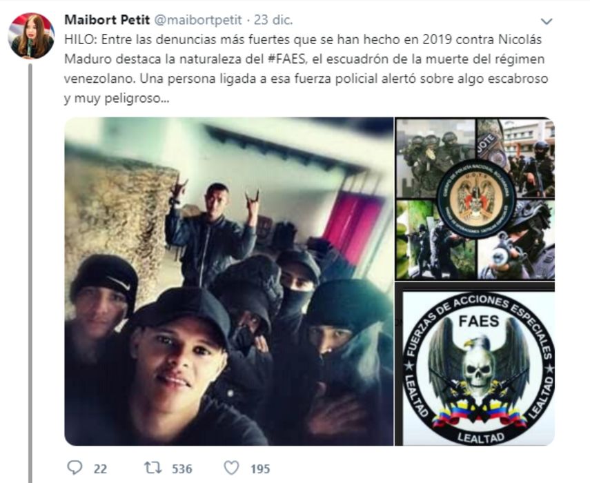 Captura del mensaje enviado por Twitter de la periodista venezolana,&nbsp;Maibort Petit