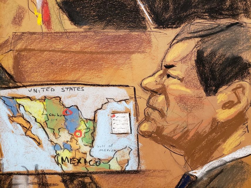 Reproducción fotográfica de un dibujo realizado por la artista Jane Rosenberg donde aparece el narcotraficante mexicano Joaquín El&nbsp;Chapo Guzmán.