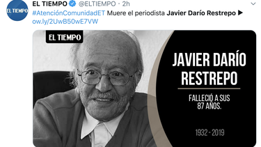 Captura de pantalla de la cuenta de Twitter de El Tiempo, donde se ha informado sobre la muerte del periodista.&nbsp;