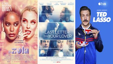 En esta combinación de fotos, el arte promocional de Zola, disponible el viernes on demand; The Last Letter From Your Lover, que se estrena el viernes en Netflix, y Ted Lasso, cuya segunda temporada debuta el mismo día en Apple TV+.