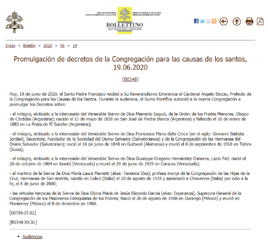 Promulgaci&oacute;n de decretos de la Congregaci&oacute;n para las causas de los santos, 19.06.2020