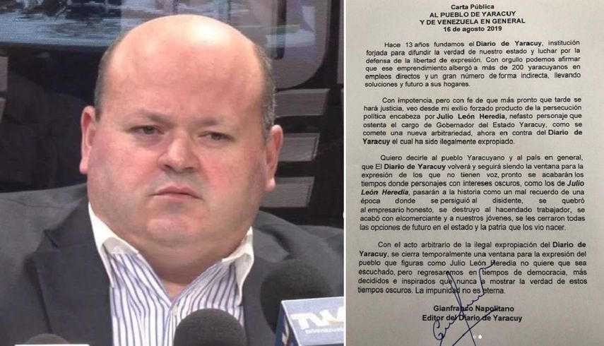Fotografía de Giancarlo Napolitano, editor de El Diario de Yaracuy, y de la carta pública sobre la ilegal expropiación del medio de prensa, publicadas en la cuenta de Instagram de DoralNews.