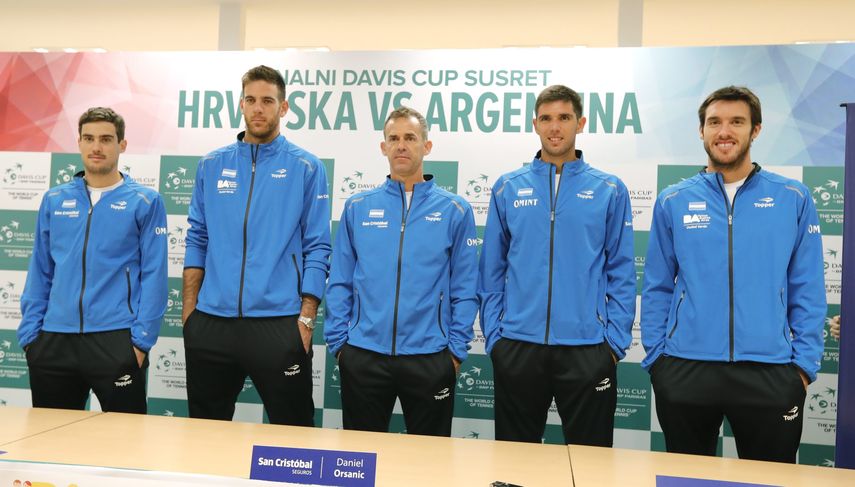 El equipo argentino de tenis para la Copa Davis, formado por (de izquierda a derecha) Guido Pella, Juan Martín del&nbsp;Potro, Daniel Orsanic, Federico Delbonis y Leonardo Mayers