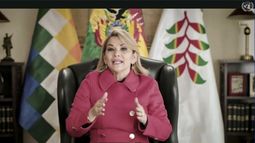 La presidenta de Bolivia Jeanine Áñez habla en un discurso pregrabado ante la Asamblea General de Naciones Unidas el miércoles 23 de septiembre del 2020.