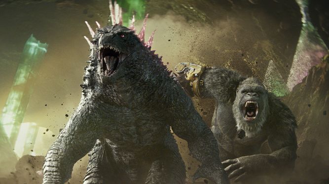 En esta imagen proporcionada por Warner Bros. Pictures, Godzilla y Kong en una escena de la película Godzilla x Kong: The New Empire.