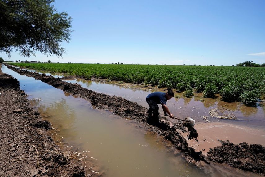 El agua del río Colorado fluye por un canal junto al muro que separa San Luis Río Colorado (México) de San Luis (Arizona) el 14 de agosto del 2022. Cada vez llega menos agua del río Colorado a México.&nbsp;
