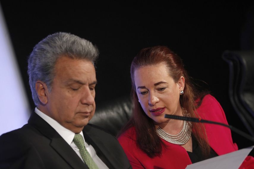 El presidente de Ecuador, Lenín Moreno, acompañado por la canciller&nbsp; María&nbsp;Fernanda&nbsp;Espinosa.
