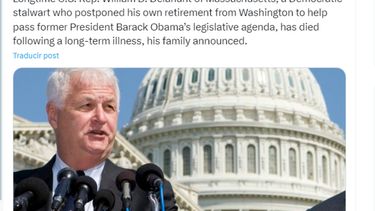 Captura de pantalla de X informando la muerte de &nbsp;William D. Delahunt, excongresista de Massachusetts.&nbsp;