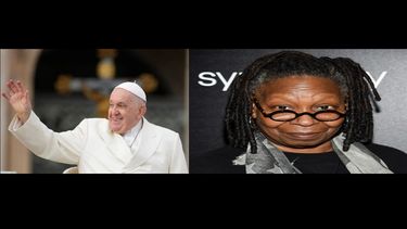En este collage de fotos, con imágenes de AP, el Papa Francisco y la artista y comediante Whoopi Goldberg.