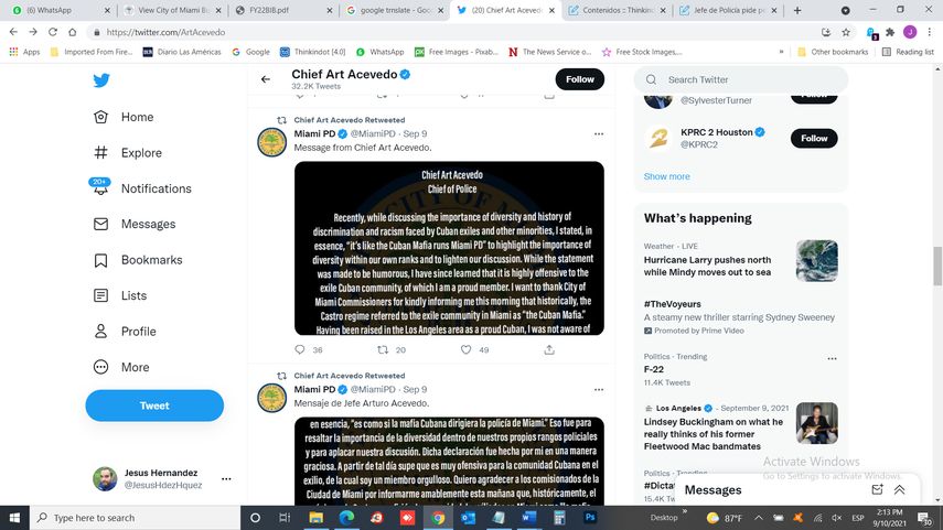 Vista parcial del tuit emitido por Art Acevedo.