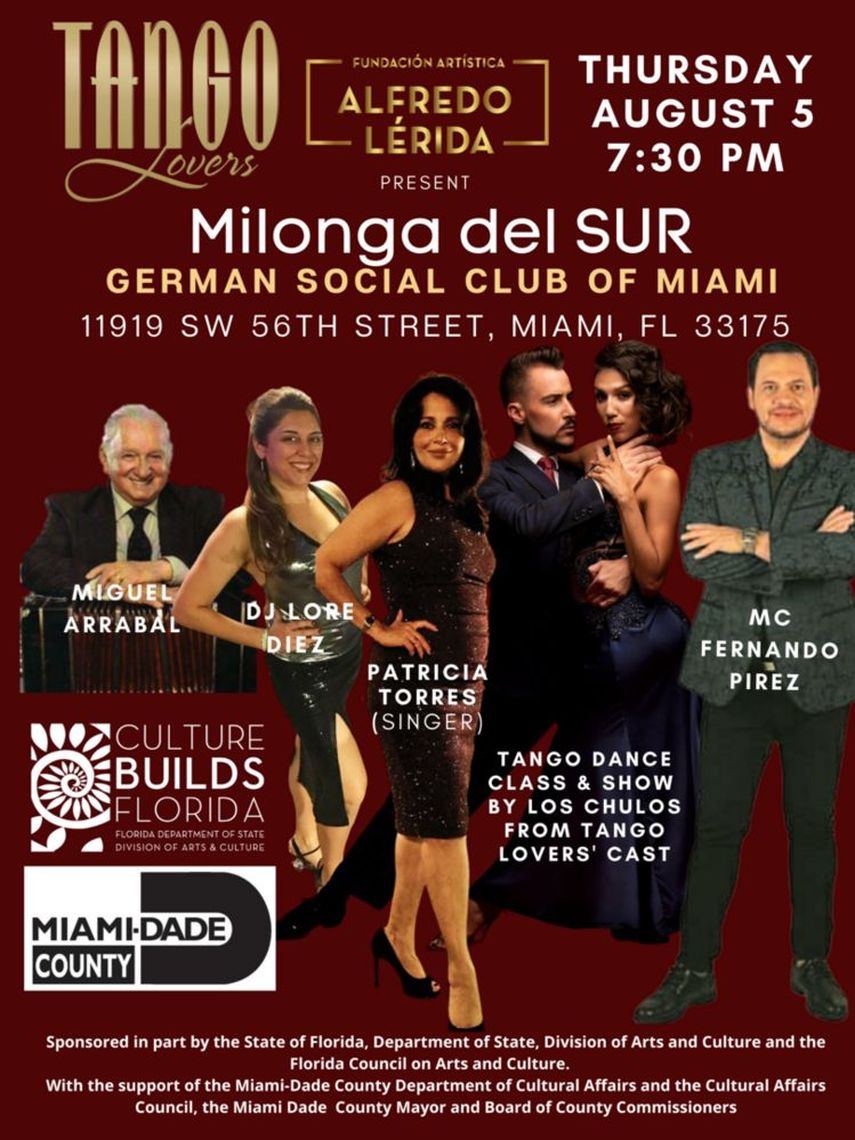 Póster promocional del evento Milonga del sur, en honor a Alfredo Lérida, fundador de Tango Lovers.&nbsp;