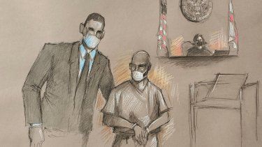 El dibujo de un artista muestra a Mario Antonio Palacios Palacios con su abogado Alfredo Izaguirre ante la magistrada estadounidense Jacqueline Becerra en una corte federal de Miami.