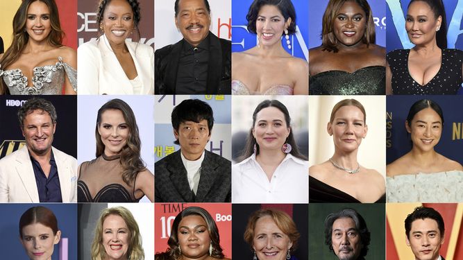 Esta combinación de fotografías muestra a los actores Jessica Alba, Ericka Alexander, Obba Babatunde, Stephanie Beatriz, Danielle Brooks y Tia Carrere, segunda fila de izquierda a derecha, Jason Clarke, Kate Del Castillo, Gang Dong-won, Lily Gladstone, Sandra Huller y Greta Lee, y en la fila inferior, de izquierda a derecha, Kate Mara, Catherine OHara, DaVine Joy Randolph, Fiona Shaw, Koji Yakusho y Teo Yoo, quienes se encuentran entre los artistas invitados a unirse a la Academia de Artes Cinematográficas y Ciencias.&nbsp;