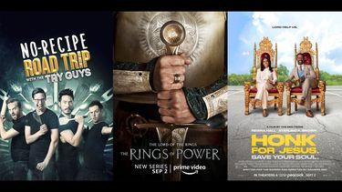 En esta combinación de imágenes el arte promocional de los estrenos de la semana: de No-Recipe Road Trip with the Try Guys, que se estrena el 31 de agosto en Food Network, The Lord of the Rings: The Rings of Power, una serie que se estrena el 2 de septiembre en Amazon, y Honk for Jesus: Save Your Soul, una película que se estrena el Peacock el 2 de septiembre.