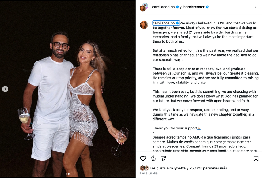 Publicación en conjunto de la influencer Camila Coelho y su expareja Ícaro Brenner