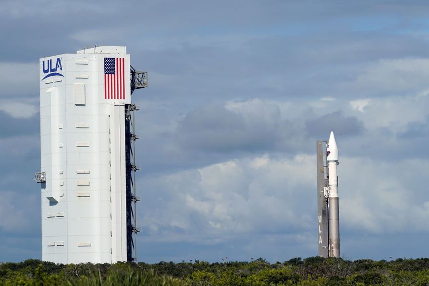 El cohete United Launch Alliance Atlas V con la sonda espacial Lucy en la plataforma de lanzamiento de la NASA en Cabo Cañaveral, Florida, el jueves 14 de octubre de 2021.