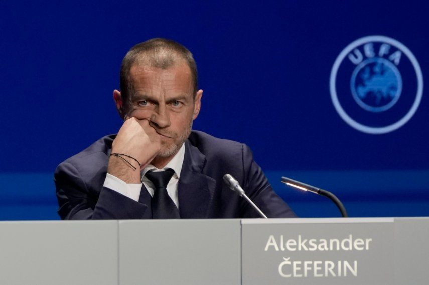 El presidente de la UEFA, Aleksander Ceferin, durante una rueda de prensa, el miércoles 5 de abril de 2023, en Lisboa.