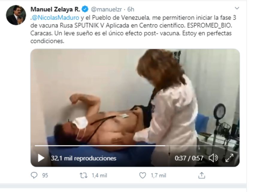 Mensaje difundido por el expresidente Manuel Zelaya a través de Twitter referente a su participación en la fase III de la vacuna contra el COVID-19 creada en Rusia.&nbsp;