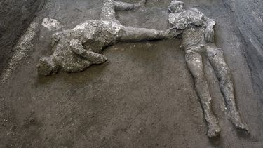 Los moldes de yeso de lo que se cree eran un hombre rico y su esclavo que huían de la erupción del volcán Vesuvio hace casi 2.000 años se ven en lo que era una finca elegante en las afueras de la antigua ciudad romana de Pompeya, destruida por la erupción de 79 d.C.