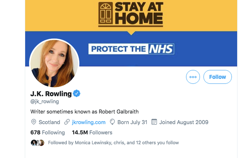 Captura de pantalla de la cuenta oficial en Twitter de la escritora brit&aacute;nica J.K. Rowling.&nbsp;