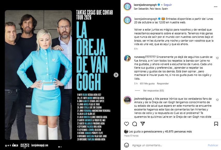 Flyer oficial del tour 2026 de La Oreja de Van Gogh.