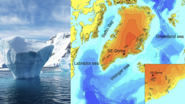 Mapa térmico de Groenlandia que indica las elevaciones de la región. La estrella indica la cúpula sureste de la capa de hielo de Groenlandia, donde se recogió el núcleo de hielo de este estudio. 
