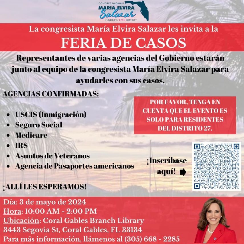 La congresista cubanoamericana María Elvira Salazar extiende una cordial invitación a la Feria de casos.