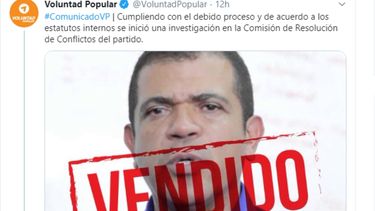 Captura de pantalla del mensaje enviado por Voluntad Popular al anunciar la expulsi&oacute;n del diputado Gregorio Noriega.&nbsp;