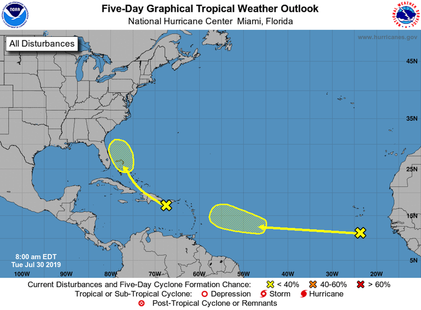 La&nbsp;onda tropical ubicada sobre el noreste del Mar Caribe está produciendo lluvias y tormentas eléctricas desorganizadas.