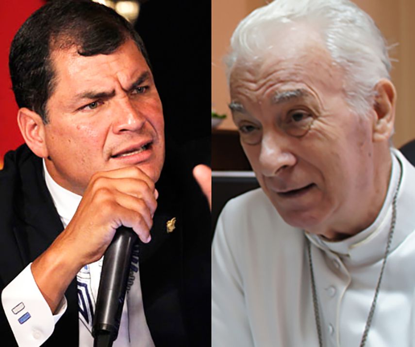 El presidente de Ecuador y el arzobispo de Guayaquil, Antonio Arregui. Correa acusó a Arregui de ser jefe de campaña de un líder opositor y anunció que puso una queja ante el Nuncio Apostólico acusando al sacerdote de intervenir en política. (CORTESÍ