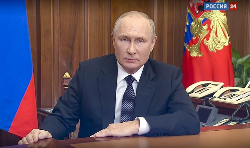 En esta imagen tomada de un video distribuido por el servicio de prensa de la presidencia de Rusia, el presidente, Vladimir Putin, se dirige a la nación, en Moscú, Rusia, el 21 de septiembre de 2022.&nbsp;