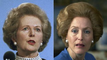 En esta combinación de fotografías, Margaret Thatcher en Scarborough, Inglaterra el 18 de marzo de 1989, y Gillian Anderson como Margaret Thatcher en una escena de la cuarta temporada de The Crown, que se estrena el domingo 15 de noviembre.