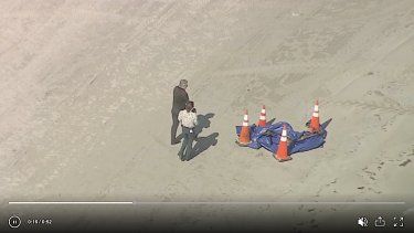 Una captura de un video publicado por NBC6 muestra a investigadores en torno a la cabeza humana hallada en una playa de Miami. 