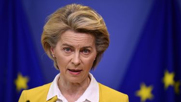 Ursula von der Leyen, presidenta de la Comisión Europea, en conferencia de prensa en la sede de la UE en Bruselas, el 14 de abril de 2021.&nbsp;