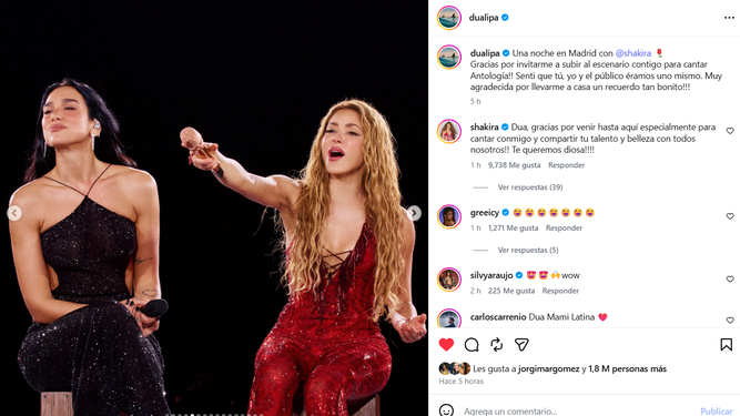 Dua Lipa y Shakira compartieron durante el concierto que dio la colombiana en Madrid.