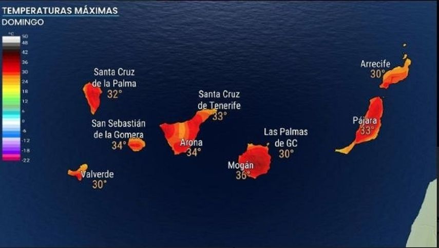 Previsi&oacute;n de temperaturas m&aacute;ximas para el pr&oacute;ximo domingo en Canarias, seg&uacute;n el gobierno de Espa&ntilde;a.